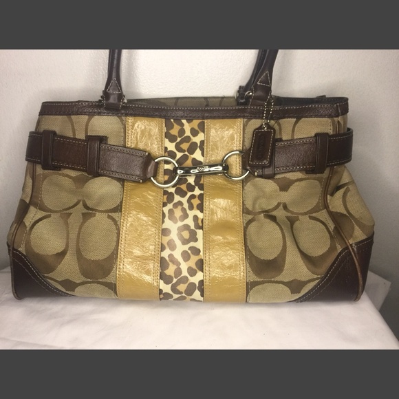COACH f13072 Large Hampton Stripe Carry-all Satchel Leopard Signature Canvas. - Picture 1 of 16